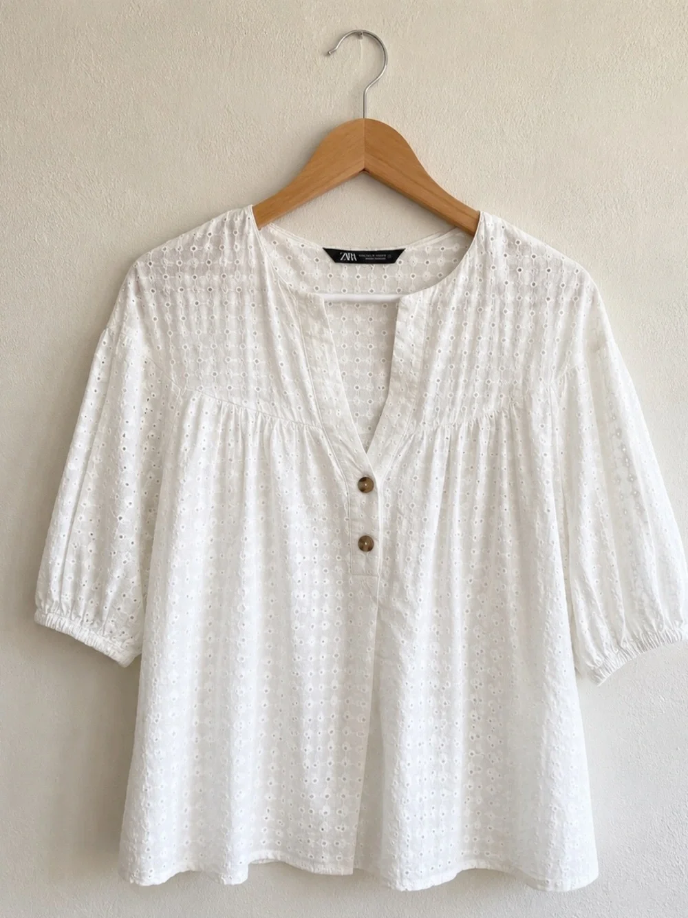ZARA Blouse Small White Eyelet Cotton Puff Sleeve Embroidered Top Boho wb